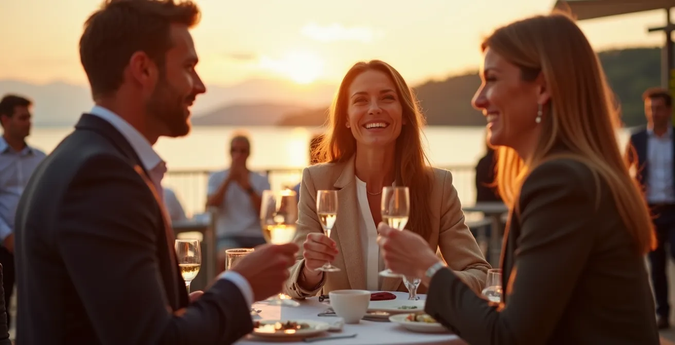 Geschäftsleute beim typischen Apéro Riche Networking-Event in der französischsprachigen Schweiz