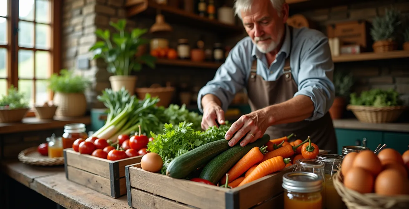 Innenansicht eines traditionellen Schweizer Hofladens mit frischen regionalen Produkten