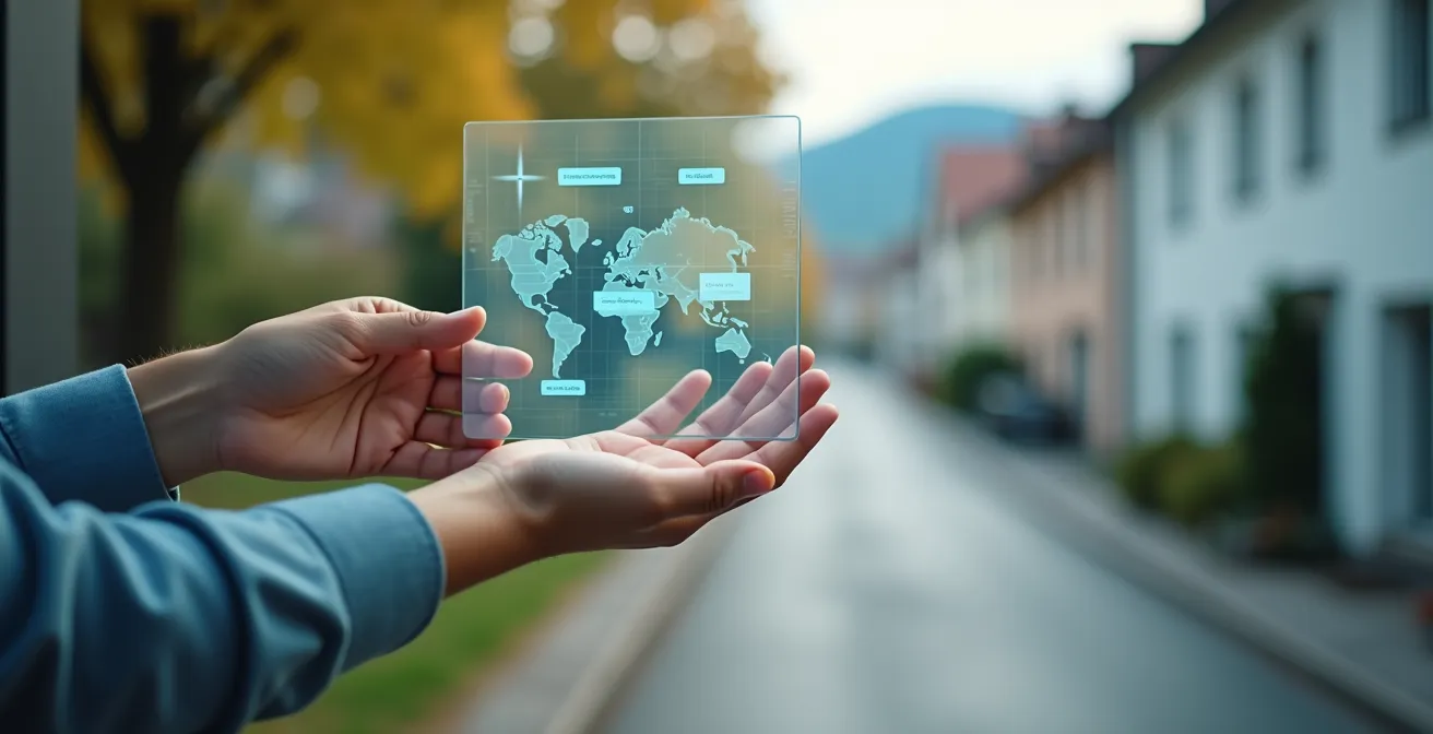 Person prüft Sicherheitsdaten eines Quartiers auf digitalem Gerät