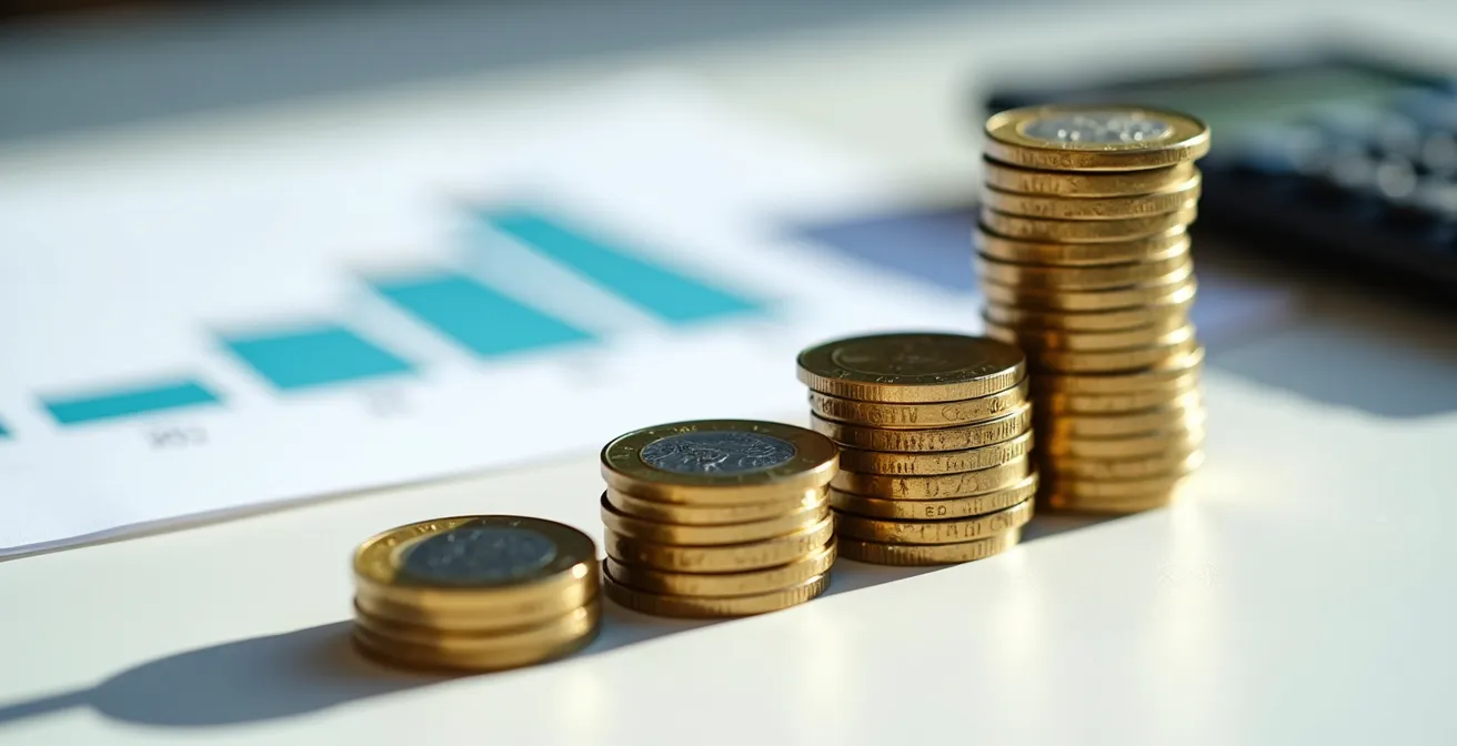 Makroaufnahme von Schweizer Franken Münzen mit unscharfem Taschenrechner im Hintergrund