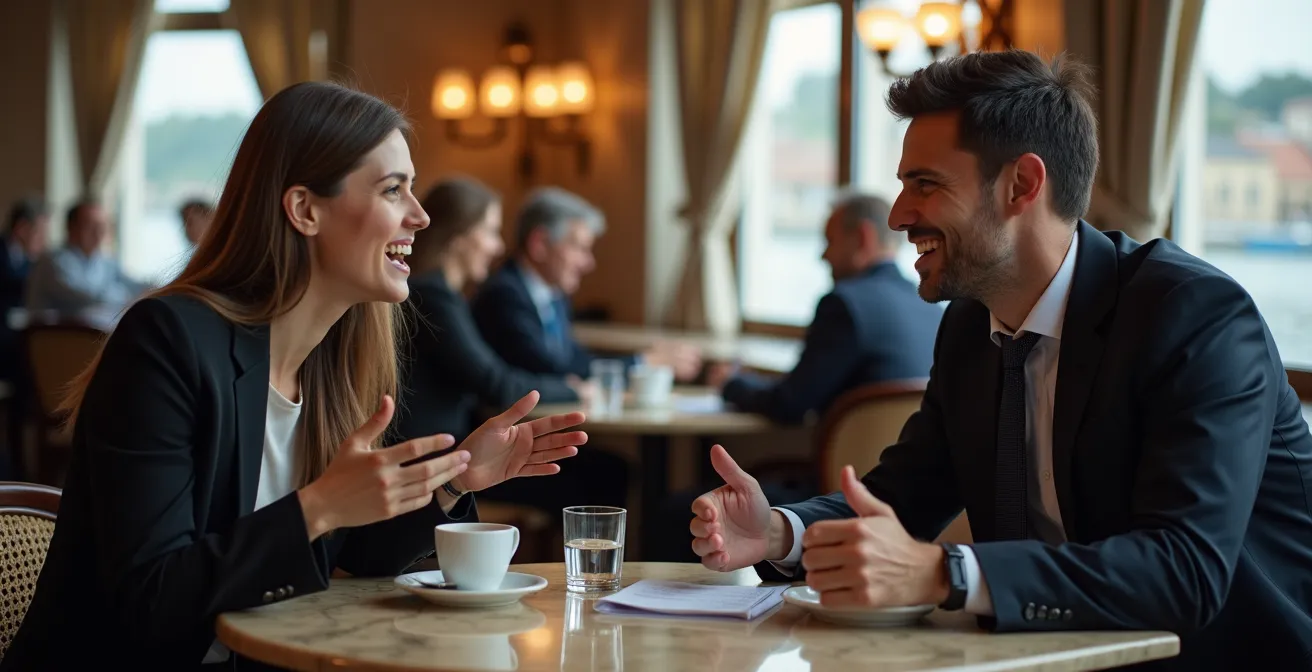 Zwei Berufstätige in einem eleganten Genfer Café bei einem informellen Geschäftstreffen mit Seeblick.