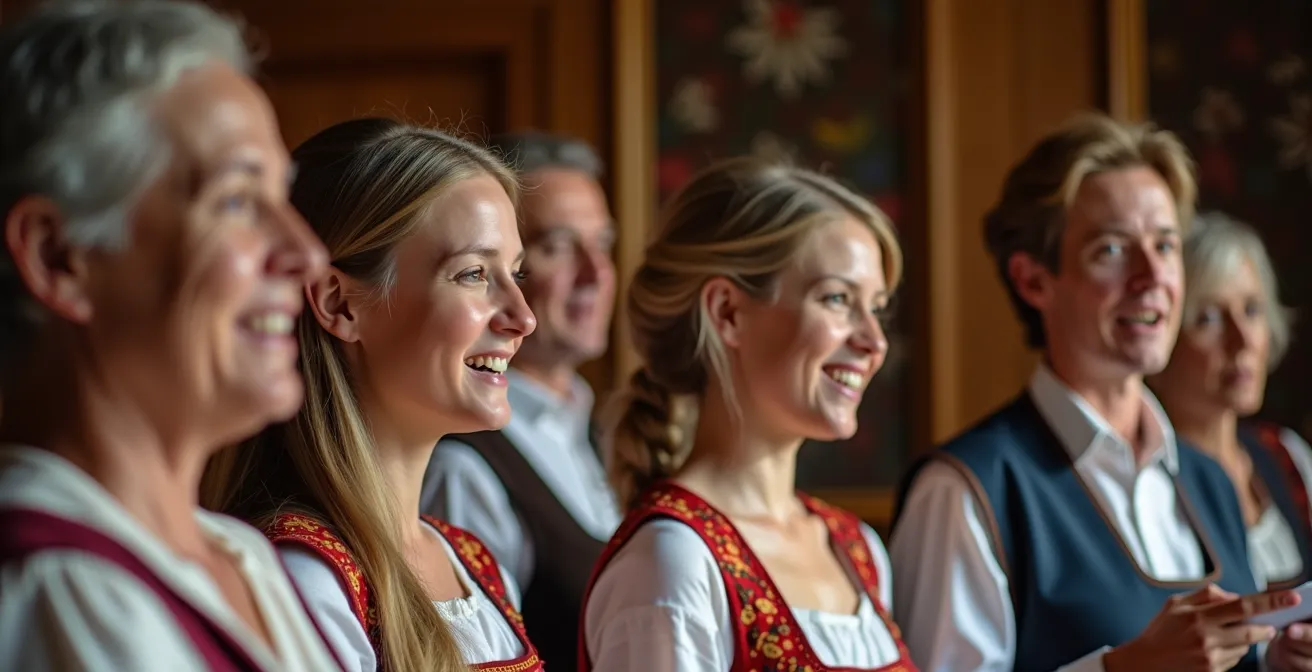 Jodlergruppe in Trachten probt in einem traditionellen Appenzeller Vereinslokal