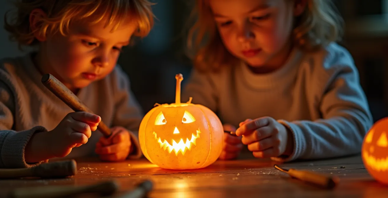 Kinder beim Räbeliechtli-Schnitzen mit leuchtenden Laternen in der Dämmerung