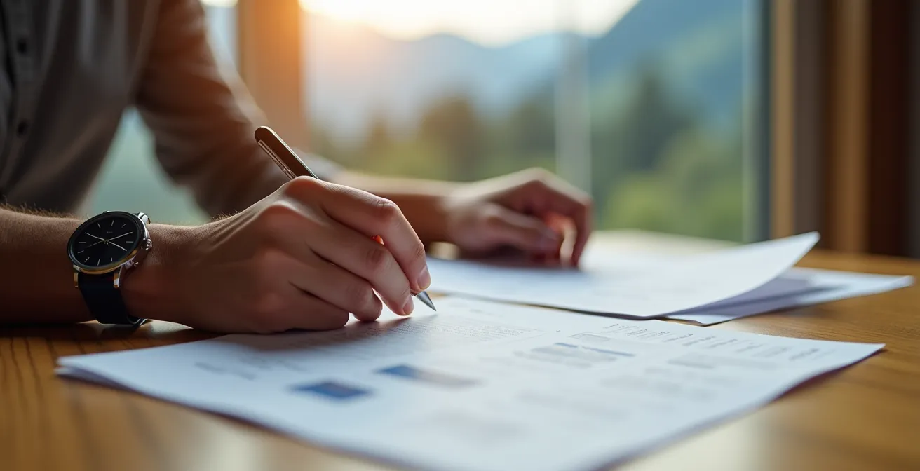 Person vergleicht Krankenkassen-Dokumente auf einem Holztisch mit Schweizer Bergen im Hintergrund