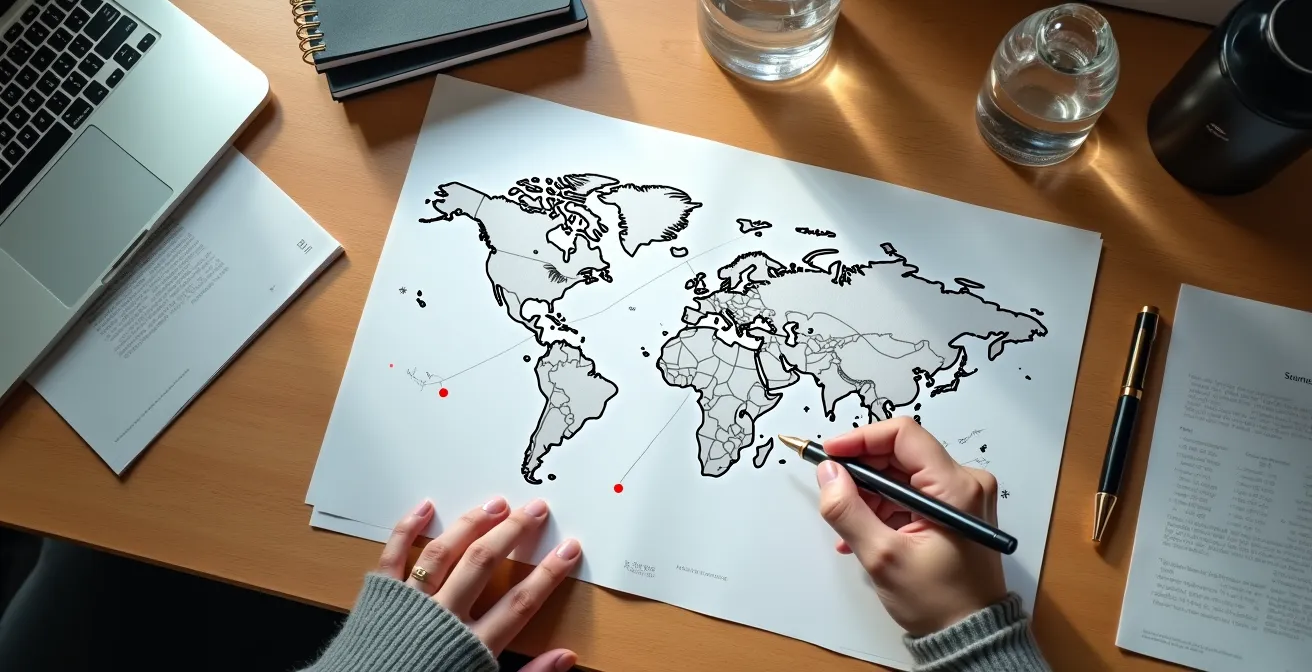 Eine abstrakte Visualisierung eines professionellen Netzwerks, das strategische Verbindungen von der Schweiz zu globalen Standorten zeigt.