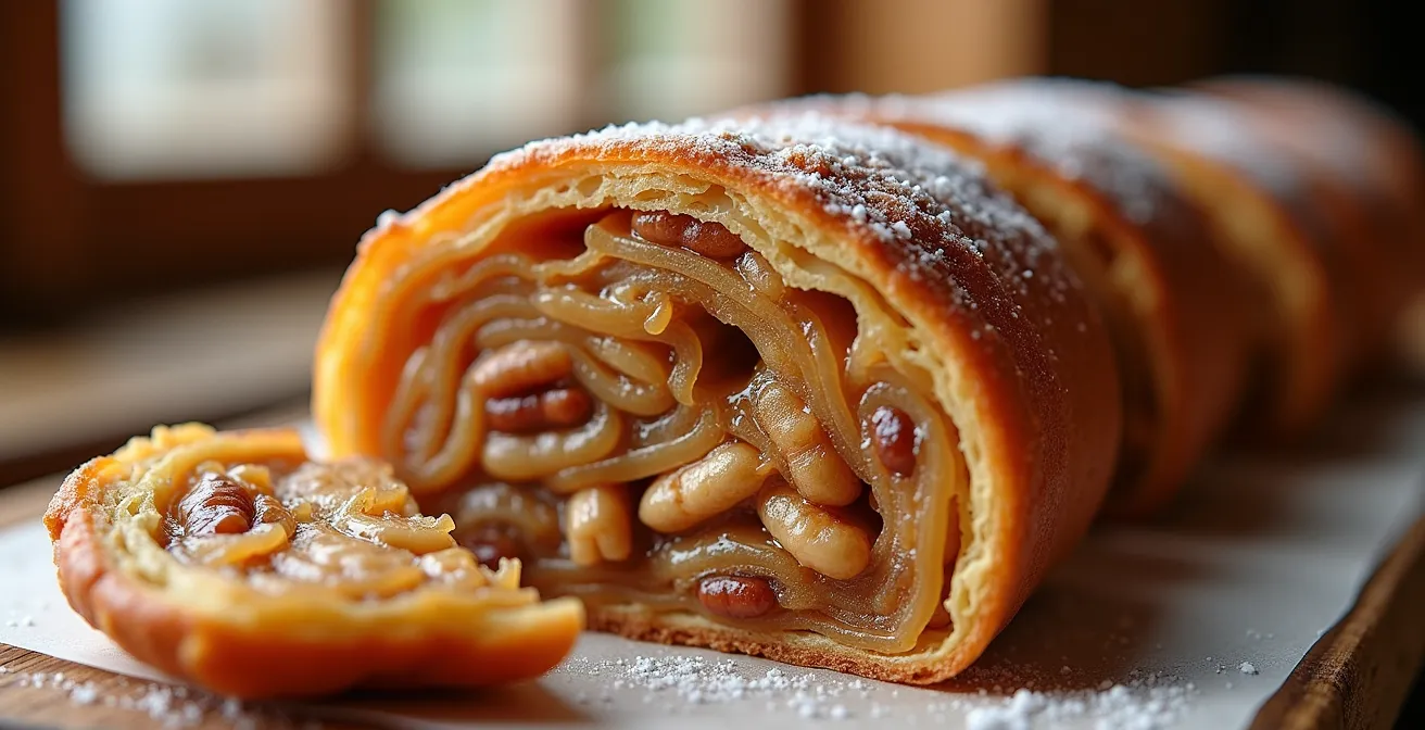 Bündner Nusstorte auf rustikalem Holztisch in Schweizer Berghütte mit Alpenpanorama