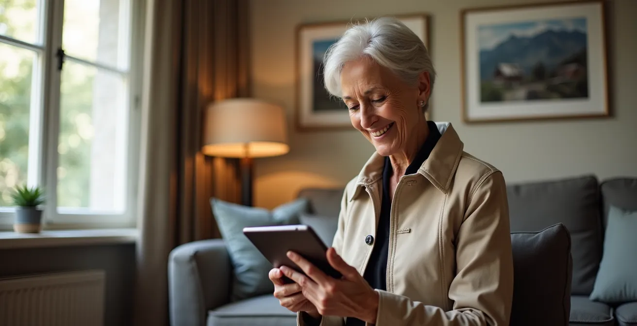 Moderne Schweizer Seniorin nutzt digitale Services in stilvollem Wohnambiente