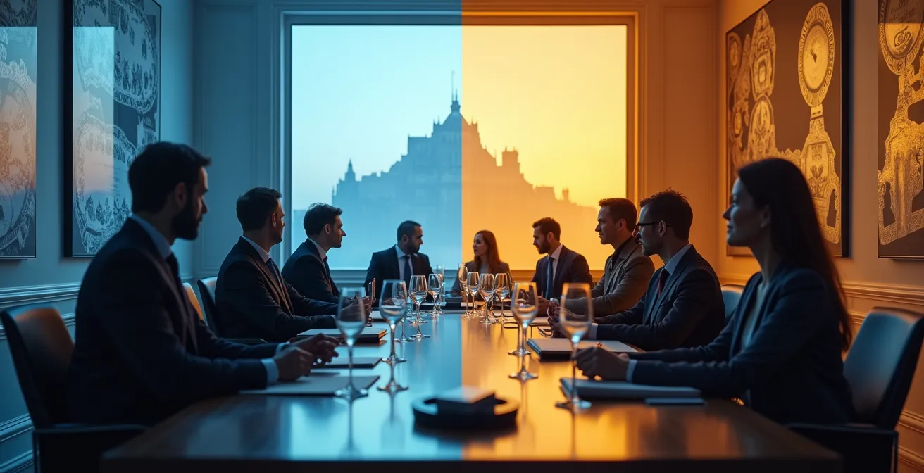 Visueller Kontrast zwischen der geradlinigen Arbeitskultur in Zürich und der beziehungsorientierten Apéro-Kultur in Genf