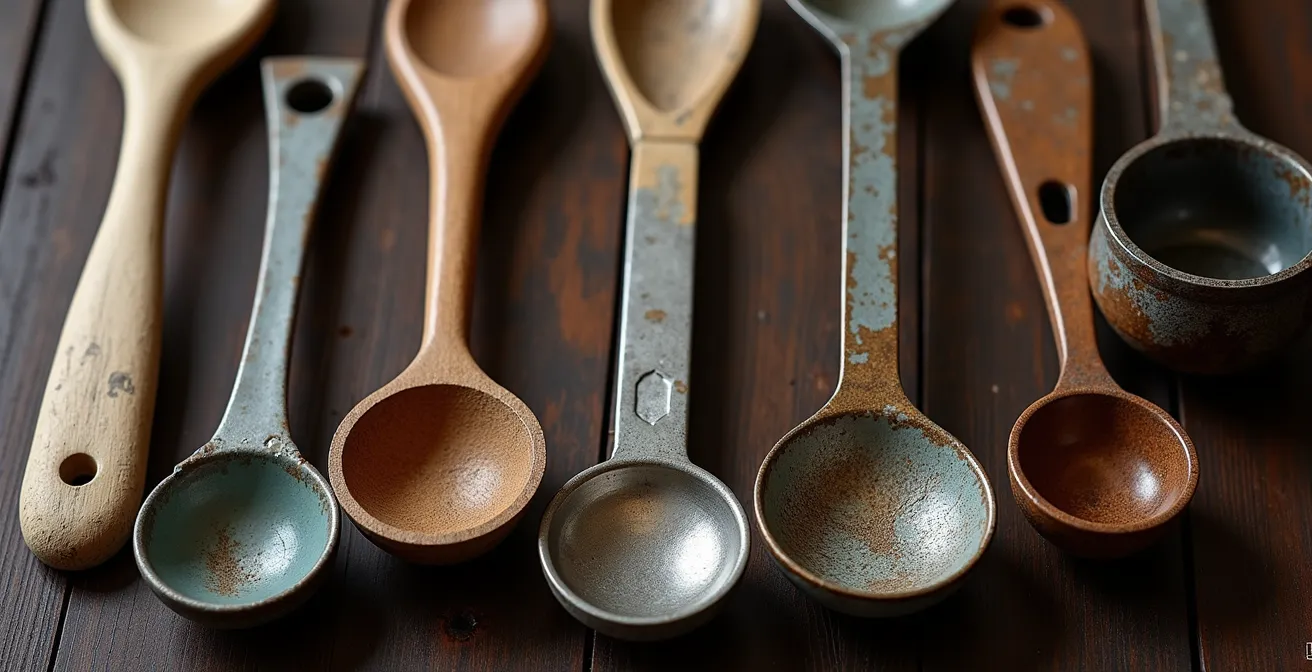 Traditionelle Schweizer Kochutensilien und Masseinheiten auf einem Holztisch arrangiert