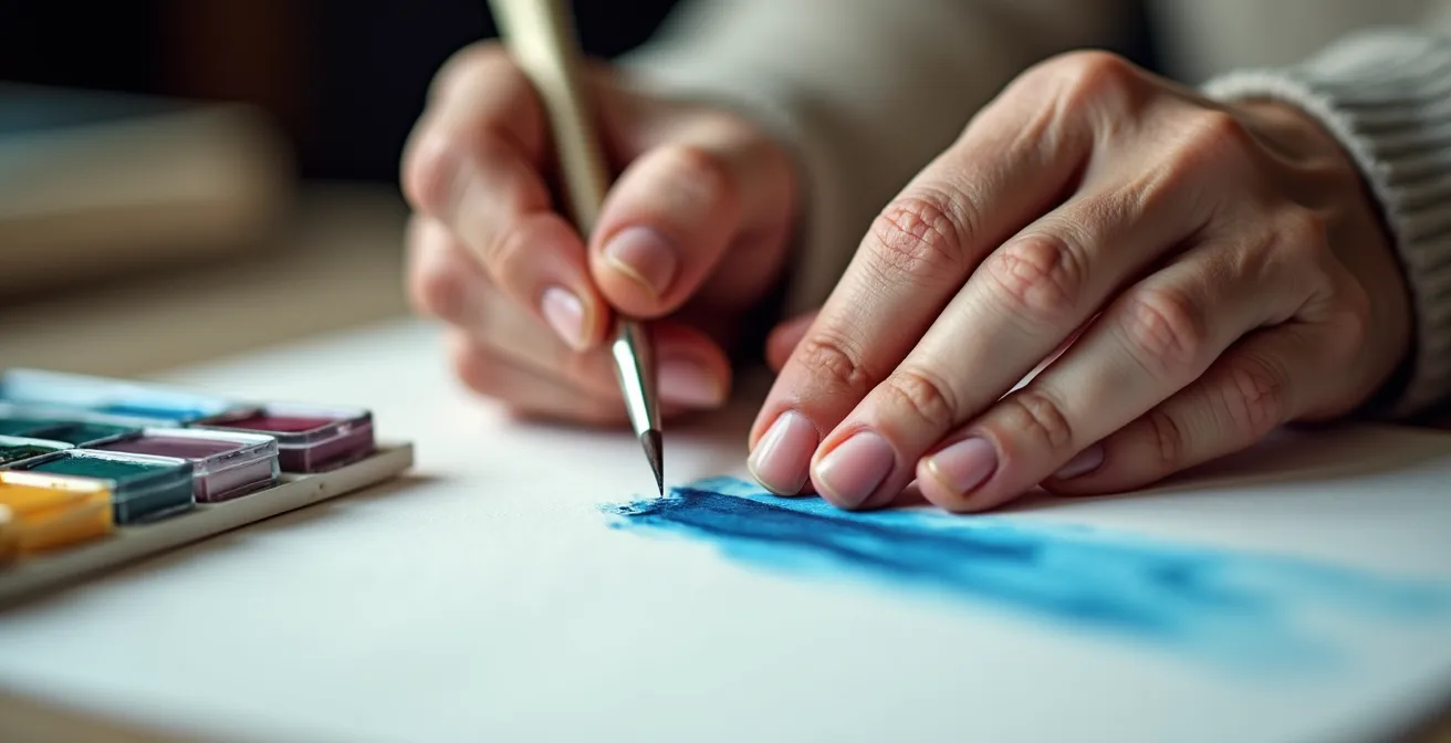 Nahaufnahme von Seniorenhänden beim Aquarellmalen mit Schweizer Edelweiss-Motiv