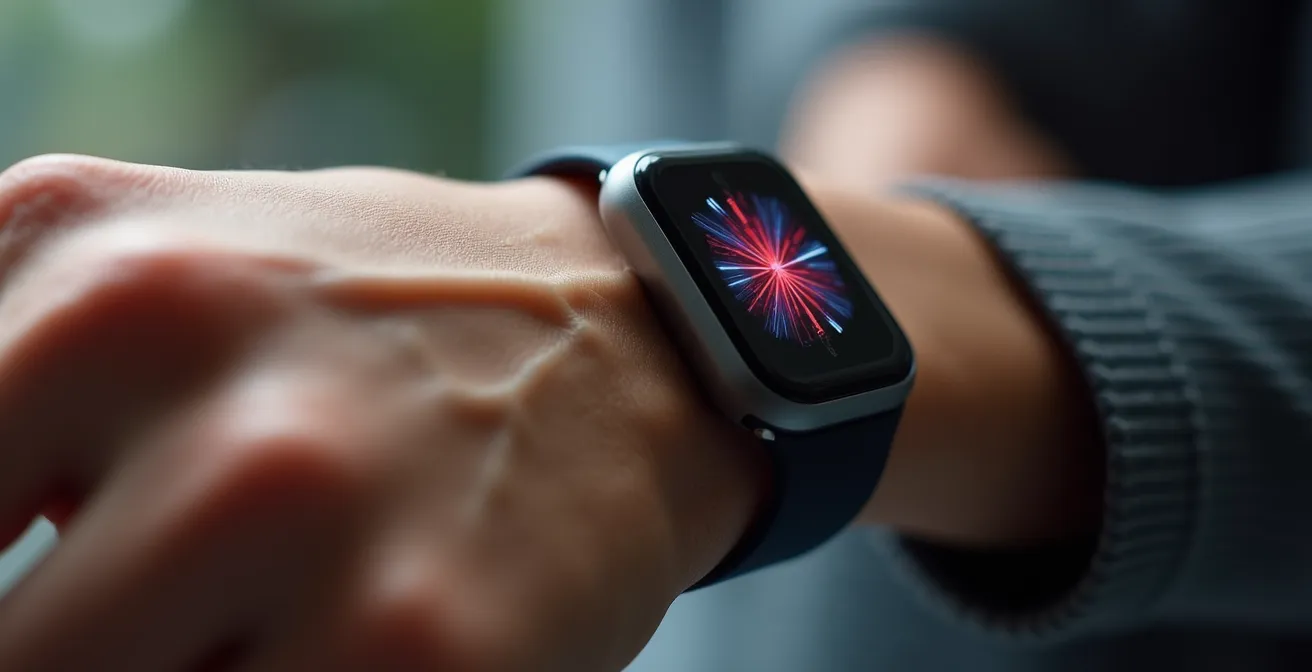 Makroaufnahme einer modernen Gesundheitsmessung am Handgelenk, ohne sichtbare Displays, die Technologie und Biologie verbindet.