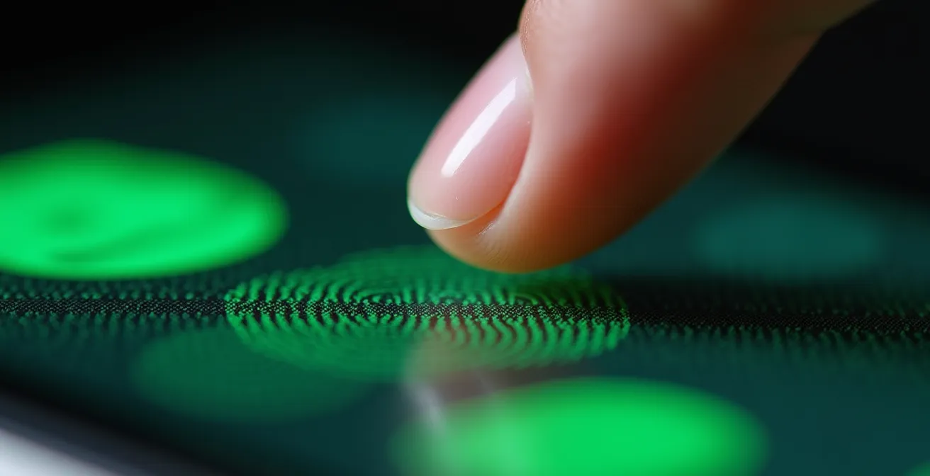 Makroaufnahme eines Fingers über einem Smartphone-Display mit abstrakten manipulativen Interface-Elementen