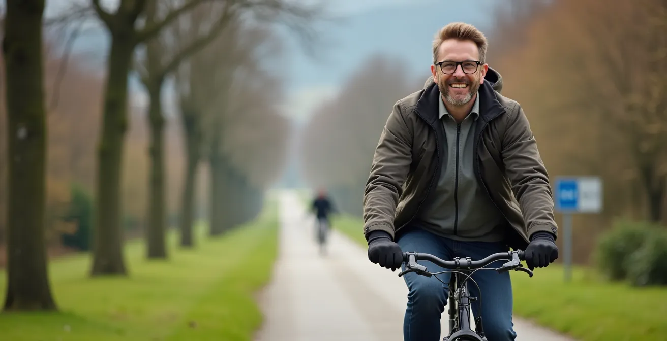 E-Bike-Fahrer auf einem sicheren Schweizer Veloweg durch grüne Landschaft