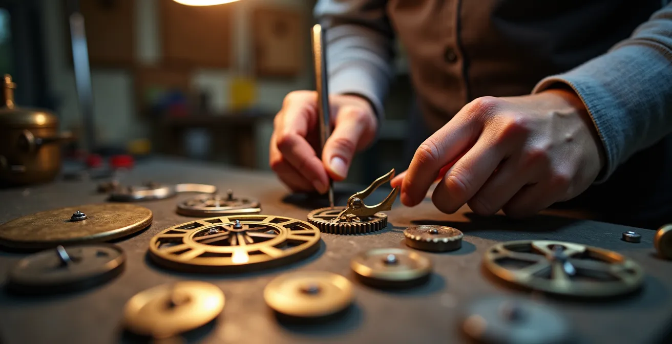 Schweizer Uhrmacher bei Detailarbeit mit symbolischen Zahnrädern im Hintergrund