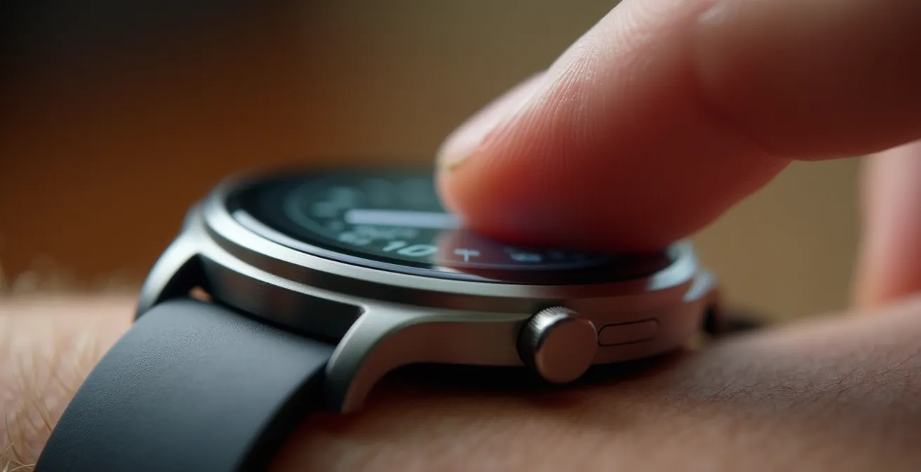 Nahaufnahme einer Hand die eine Smartwatch für EKG-Messung berührt