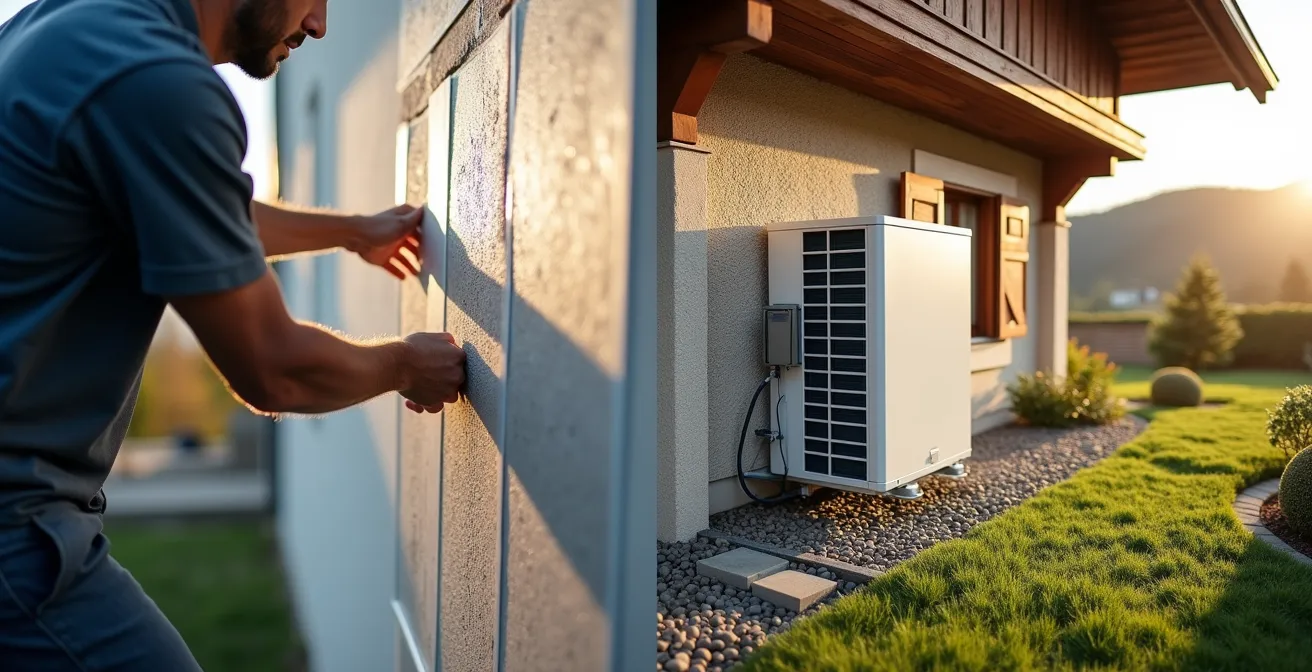 Visueller Entscheidungsbaum für Hauseigentümer zur Wahl zwischen Fassadendämmung und Wärmepumpe