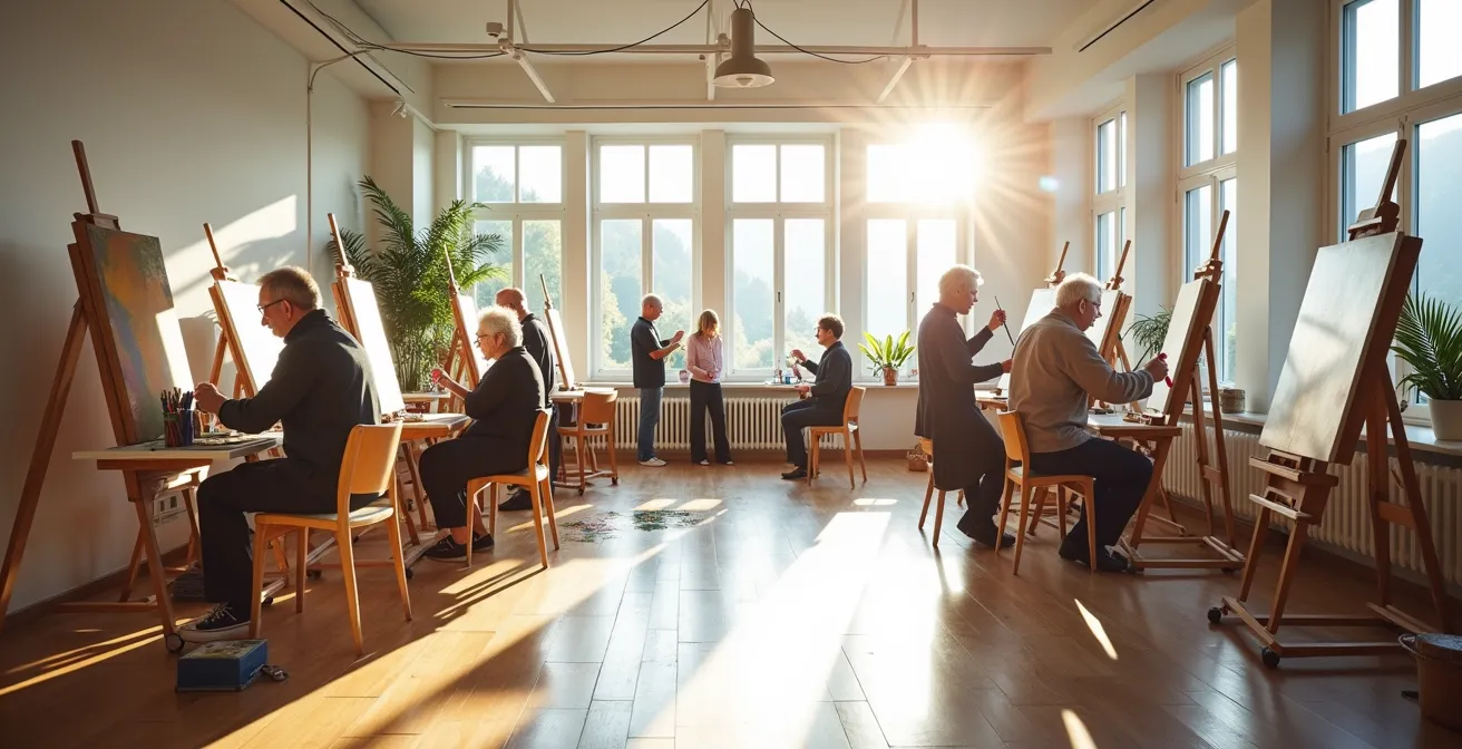 Weitwinkelaufnahme eines hellen Ateliers mit älteren Menschen beim ungezwungenen Malen