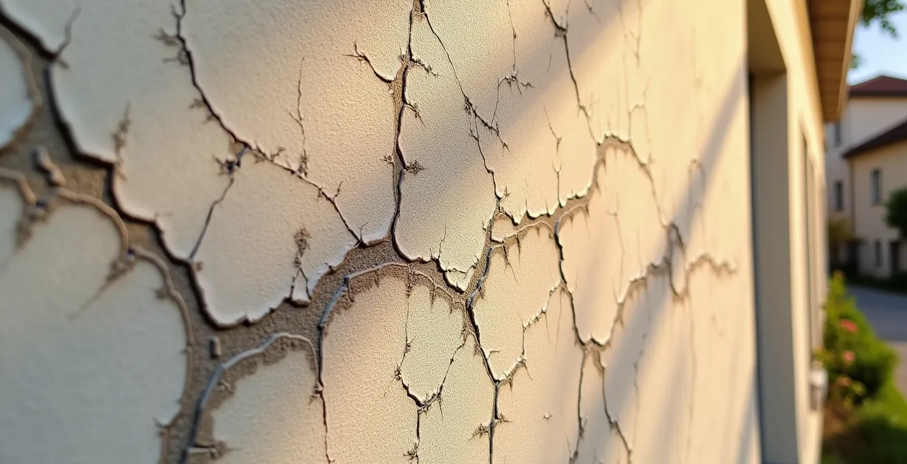 Makroaufnahme von Hitzeschäden an einer Hausfassade mit sichtbaren Rissen und Blasenbildung