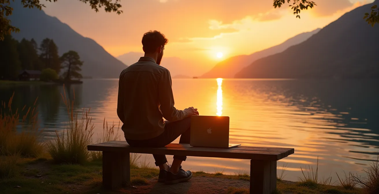 Person schliesst Laptop am Seeufer bei Sonnenuntergang als Feierabendritual
