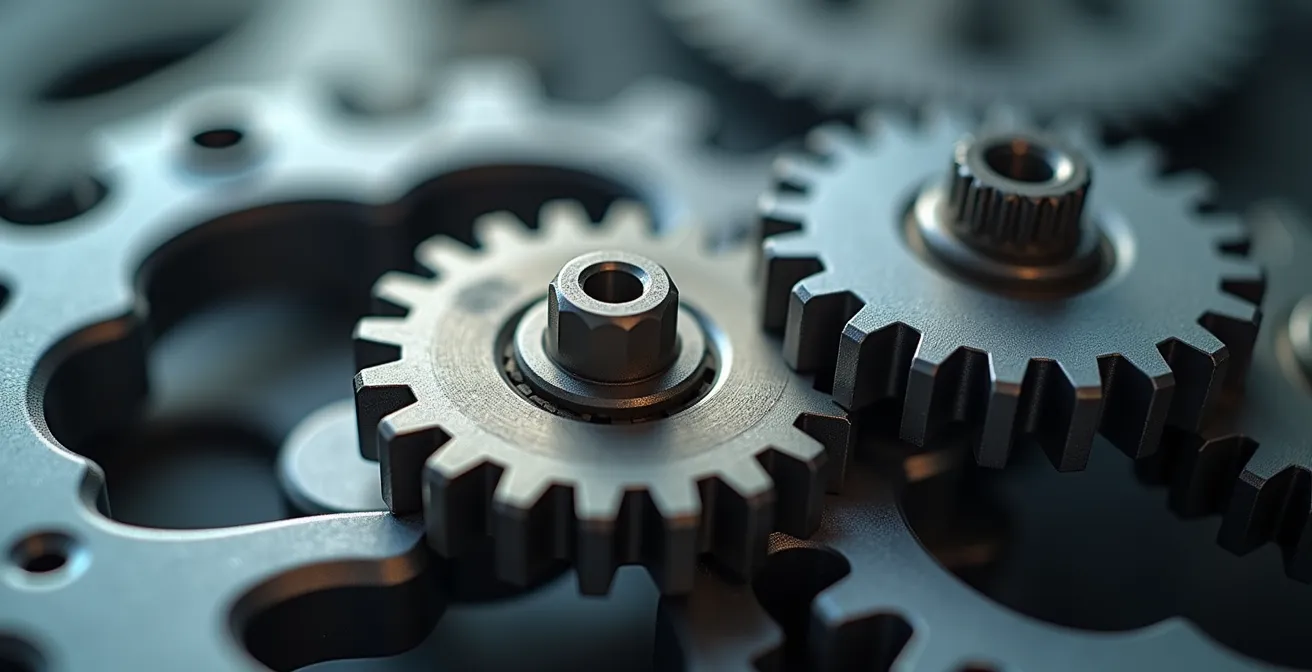 Globale Lieferkette über drei Kontinente für Schweizer Unternehmen, symbolisiert durch ineinandergreifende Zahnräder