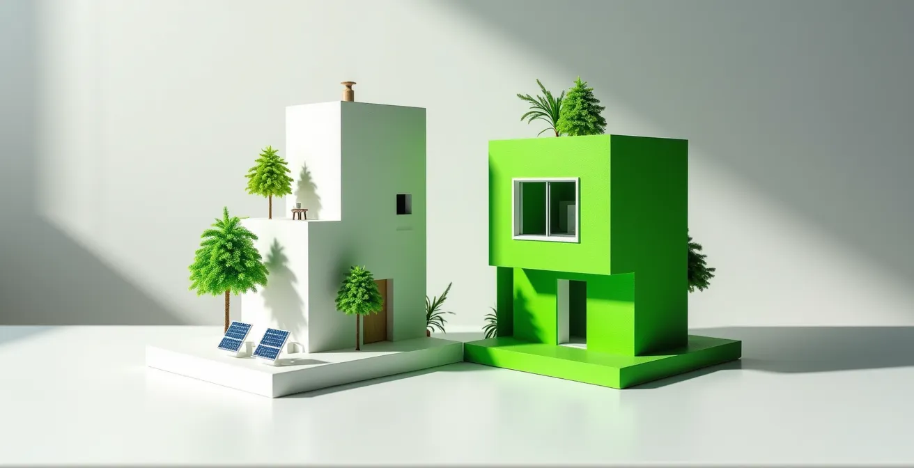 Vergleichsdarstellung echter nachhaltiger Architektur versus beschönigter Marketingvisualisierung