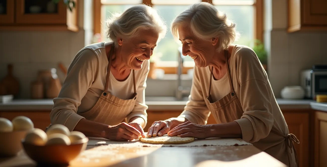 Grossmutter und Enkelin beim gemeinsamen Kochen in einer traditionellen Schweizer Küche