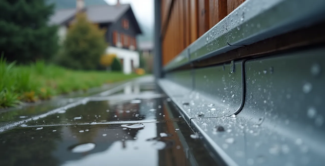 Detailansicht von mobilen Hochwasserschutzbarrieren an einem Schweizer Haus