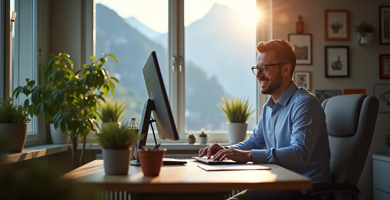 Ergonomischer Heimarbeitsplatz mit Steh-Sitz-Tisch und professioneller Ausstattung