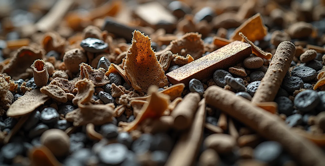 Makroaufnahme von recycelten Industriematerialien in verschiedenen Texturen und Farben