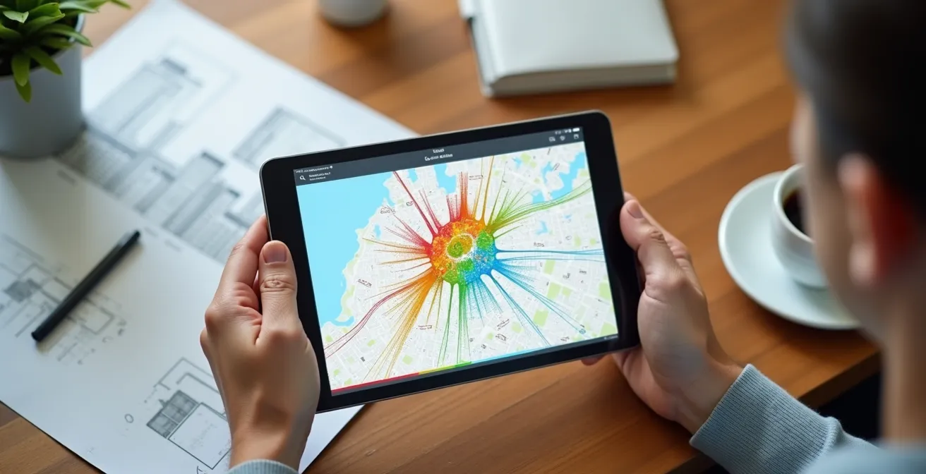 Digitale Kartendarstellung der Schweiz mit markierten Minergie-zertifizierten Gebäuden und ÖV-Güteklassen