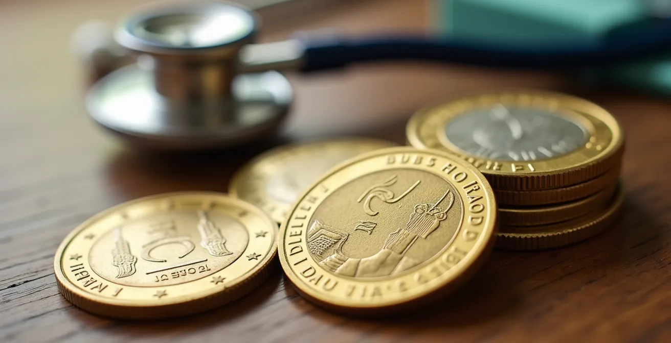 Makroaufnahme von Schweizer Franken Münzen neben Gesundheitssymbolen, die den finanziellen Aspekt der Sturzprävention darstellen.
