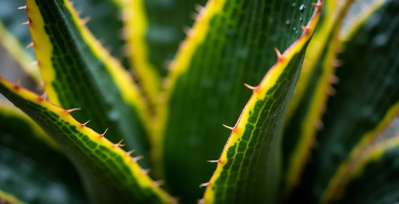 Makroaufnahme von Bogenhanf-Blättern mit sichtbaren Poren und feinen Wassertropfen