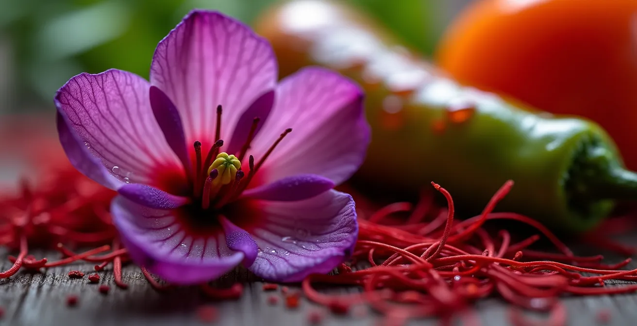 Makroaufnahme von wertvollen Nischenpflanzen wie Safran und seltenen Chilisorten auf Schweizer Balkon