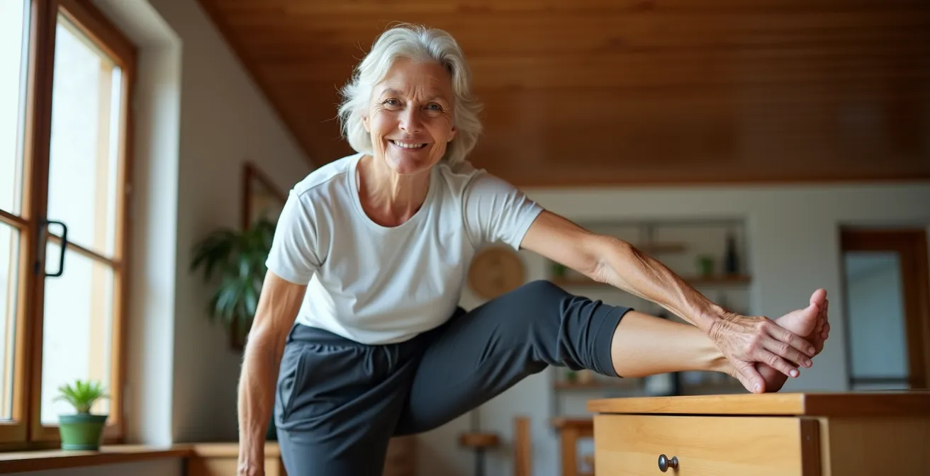 Eine ältere Frau macht eine Einbeinstand-Übung in ihrer hellen Schweizer Wohnung und zeigt Konzentration und Stabilität.