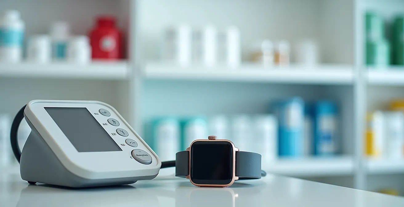 Verschiedene Blutdruckmessgeräte und eine Smartwatch auf einem Apothekentresen