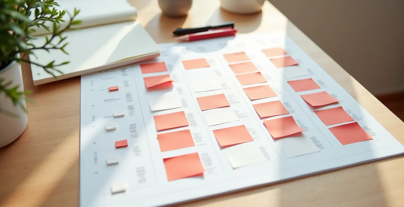 Kalender mit farbcodierten Migrationsphasen von Big Tech zu Schweizer Diensten über vier Wochen