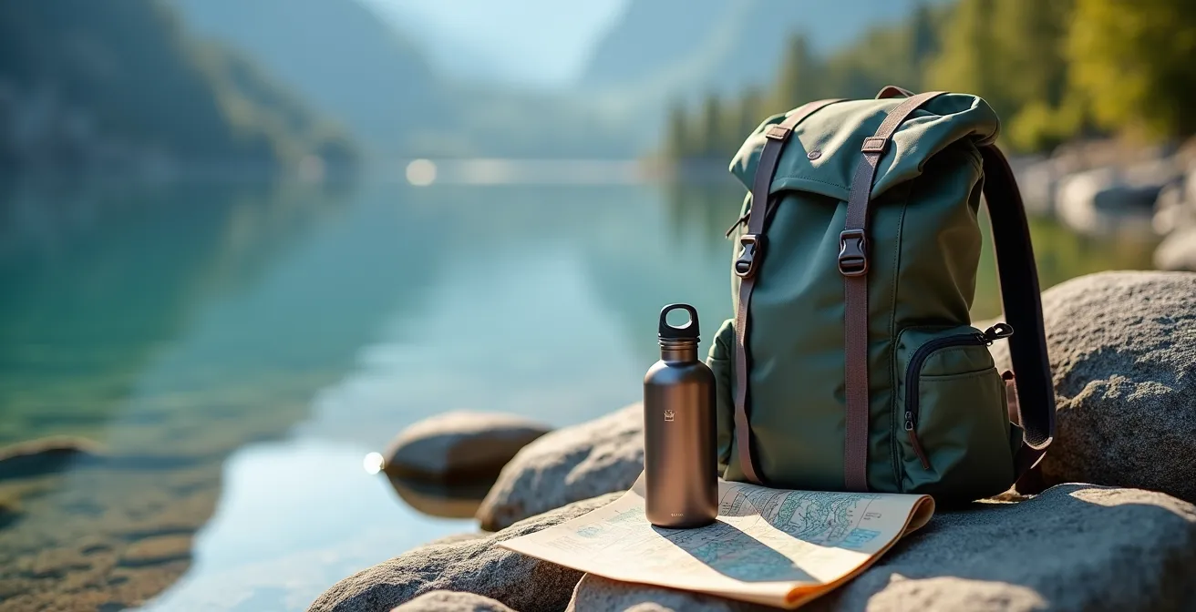 Einfache Wanderausrüstung liegt am Ufer eines kristallklaren Bergsees in den Schweizer Alpen