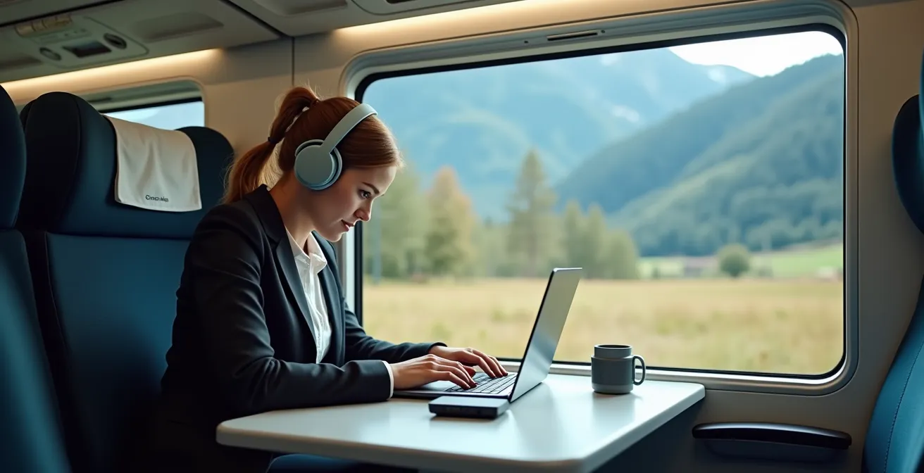 Produktiver Arbeitsplatz im SBB-Zug mit Laptop und mobilem Equipment