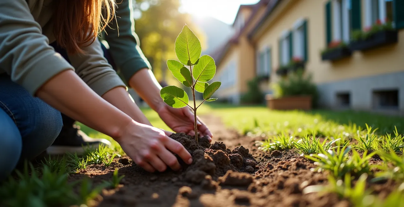 Gruppe von Nachbarn beim gemeinsamen Pflanzen von Strassenbäumen in einem Schweizer Wohnquartier