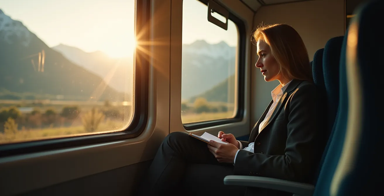 Berufspendler lernt während Zugfahrt durch Schweizer Landschaft