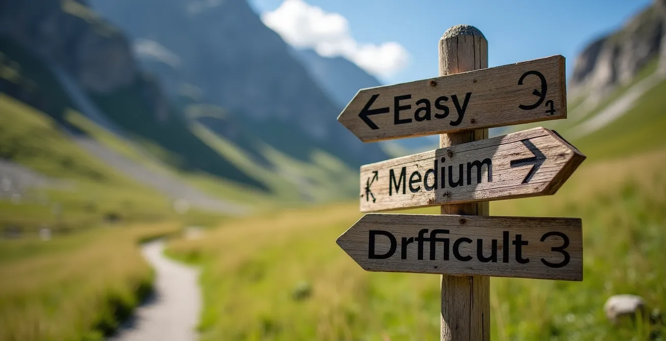 Schweizer Wanderwegweiser, die verschiedene Schwierigkeitsgrade symbolisieren und das Prinzip der progressiven Steigerung verdeutlichen.