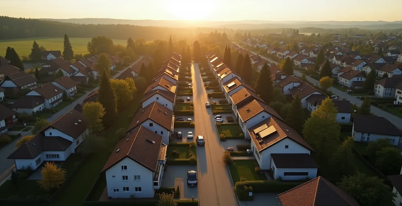 Luftaufnahme eines ruhigen Schweizer Wohnquartiers mit Grünflächen und traditioneller Architektur