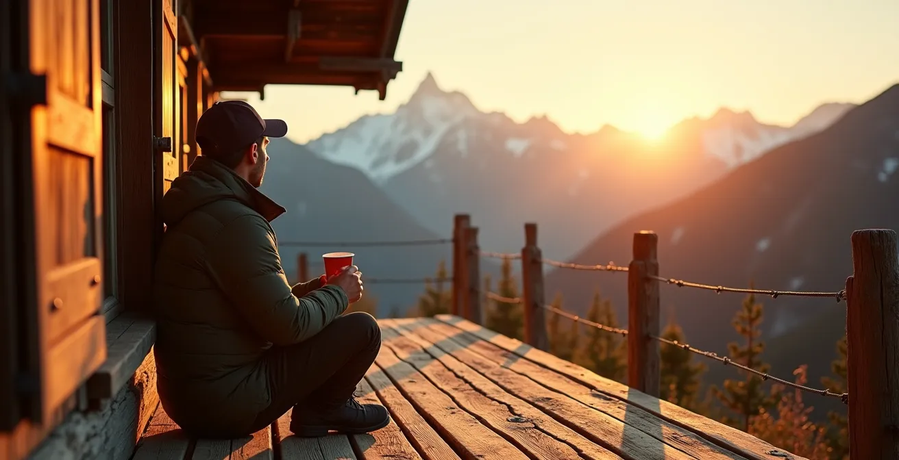 SAC-Hütte in den Schweizer Bergen bei goldenem Abendlicht mit Wanderer auf der Terrasse