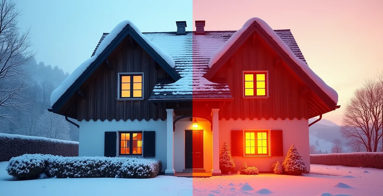 Wärmebild eines typischen Schweizer Altbaus zeigt Energieverluste an Fenstern und Fassade