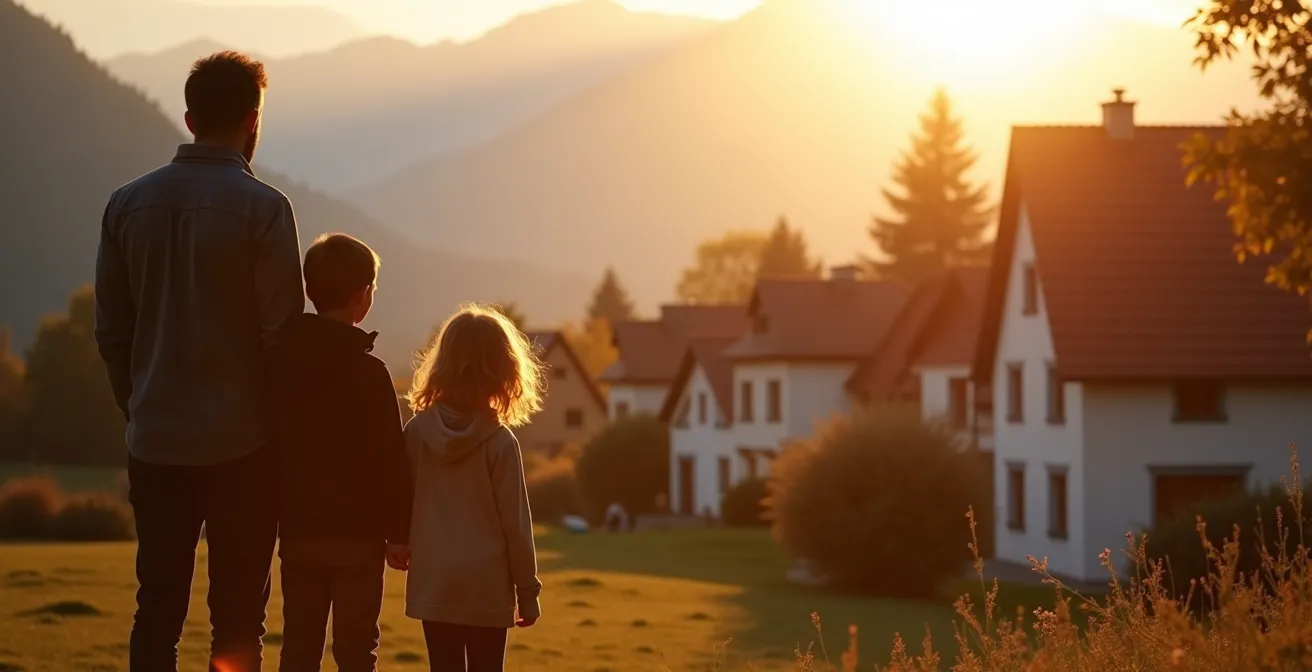 Junge Familie betrachtet Schweizer Vorstadthäuser mit Bergen im Hintergrund