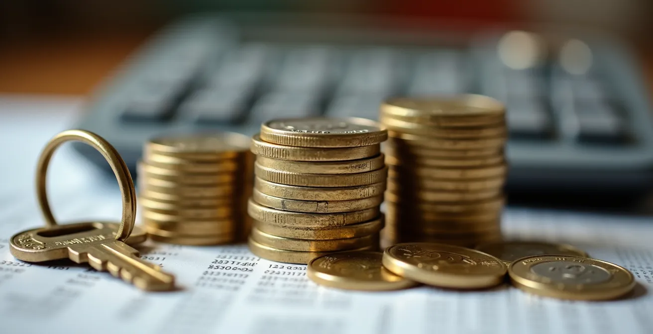 Makroaufnahme von Schweizer Franken Münzen und Hausschlüssel