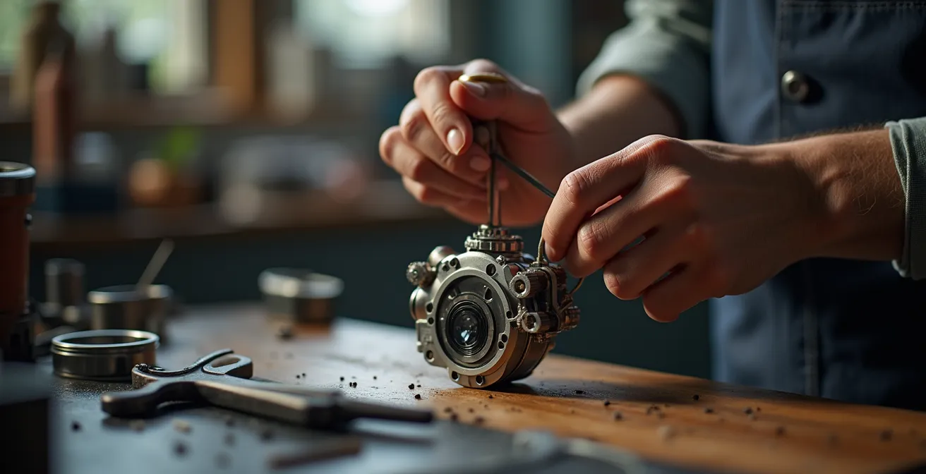 Nahaufnahme von Händen beim Reparieren eines hochwertigen Schweizer Produkts in einer modernen Werkstatt