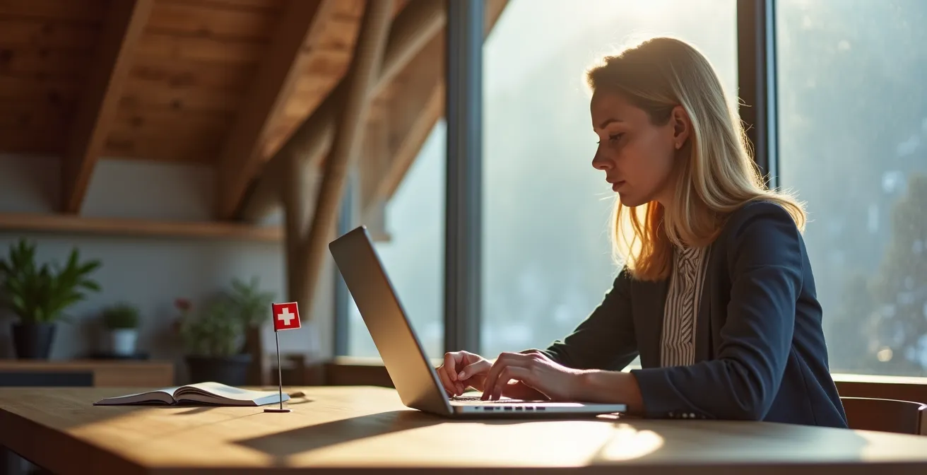 Person lernt digital mit Schweizer Bergen im Hintergrund