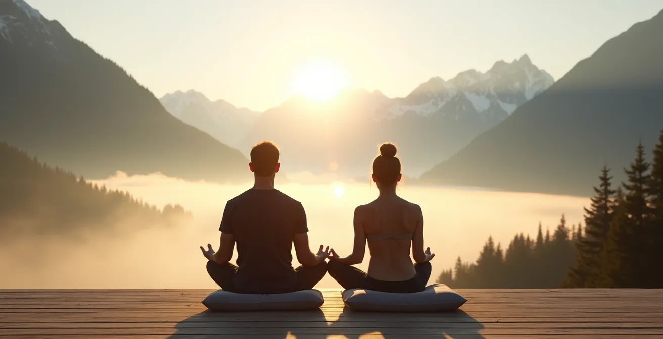 Schweizer Paar praktiziert achtsame Meditation mit Bergpanorama