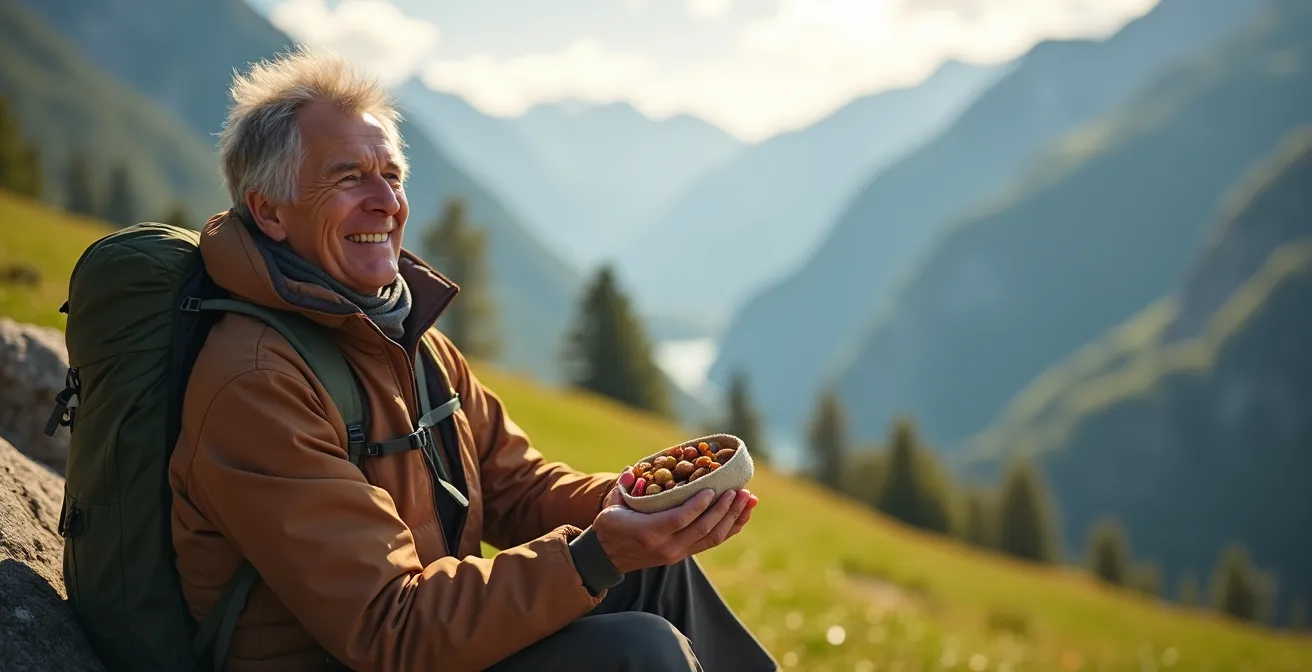 Person beim Wandern in den Schweizer Alpen geniesst einen gesunden Snack mit Nüssen und Trockenfrüchten.